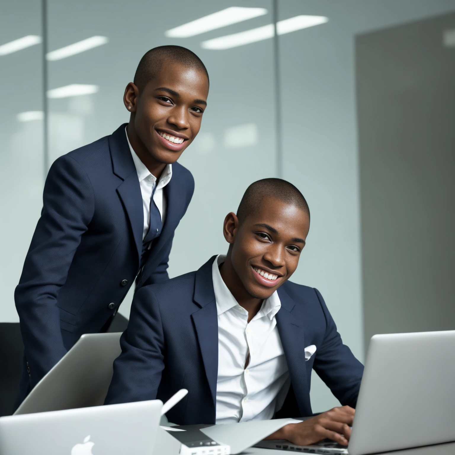 solo, one man, Black boy around 22 years old, good looking and smiling, buzz cut hairstyle, python programmer, inside an office, blue blazer, looking through glass windows, futuristic city, strategist look, laptop, apple laptop, cinematic, ultra realistic, highly detailed (masterpiece)