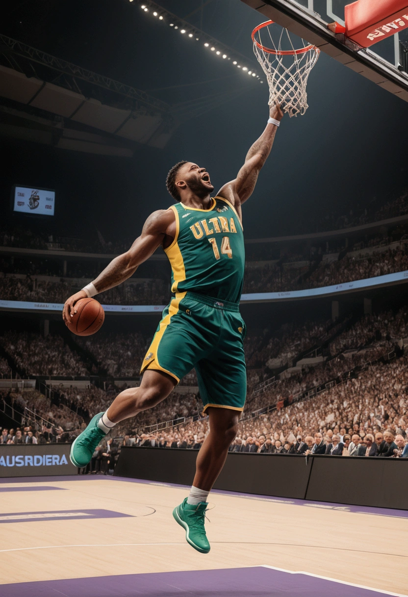 (Game-Winning Dunk), The basketball player unfolded in the air, gripping the ball tightly with both hands, ready to shoot it into the basket with astonishing force. The opposing player looked up in despair, with the background being inside the gymnasium, where light was shining through the roof, full body, award-winning, cinematic still, emotional, vignette, dynamic, vivid, (masterpiece, best quality, Professional, perfect composition, very aesthetic, absurdres, ultra-detailed, intricate details:1.3)