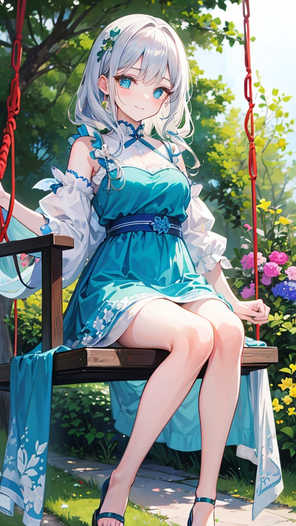 Create an image of a bashful girl with silver hair and cyan eyes, looking down with a nervous smile. Her hair is medium length, slightly wavy, and she wears a simple yet elegant dress with a blue sash. She is sitting on a swing in a lush, sunlit garden, surrounded by blooming flowers and greenery. The camera angle is slightly above, capturing her gentle expression and the vibrant garden. Ensure the image is a masterpiece with the best quality, very detailed, and very delicate.