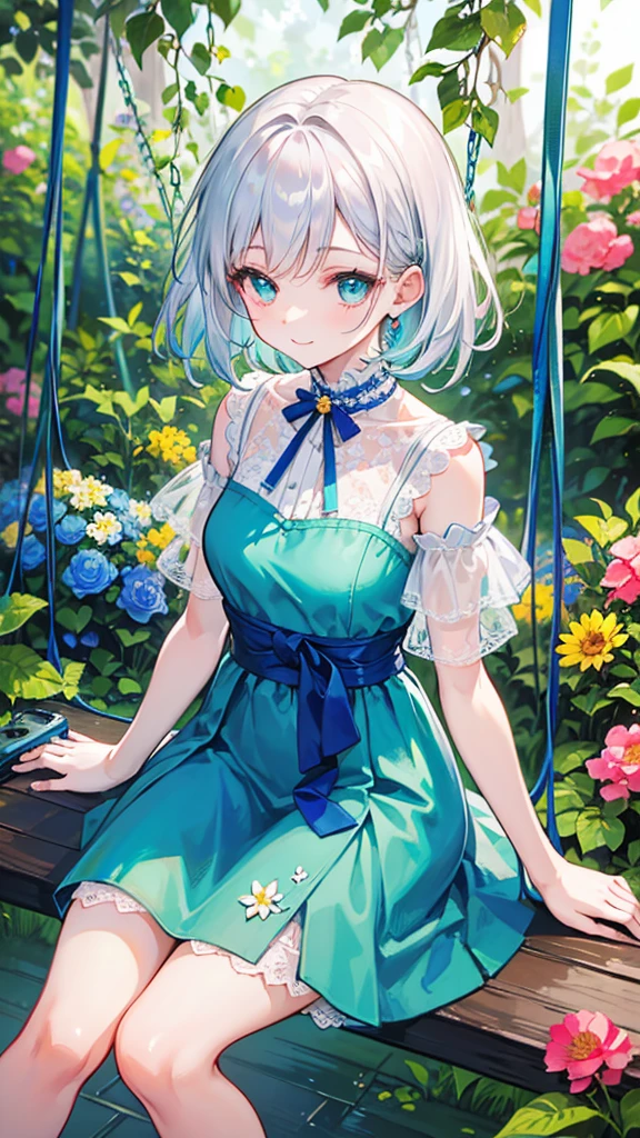 Create an image of a bashful girl with silver hair and cyan eyes, looking down with a nervous smile. Her hair is medium length, slightly wavy, and she wears a simple yet elegant dress with a blue sash. She is sitting on a swing in a lush, sunlit garden, surrounded by blooming flowers and greenery. The camera angle is slightly above, capturing her gentle expression and the vibrant garden. Ensure the image is a masterpiece with the best quality, very detailed, and very delicate.