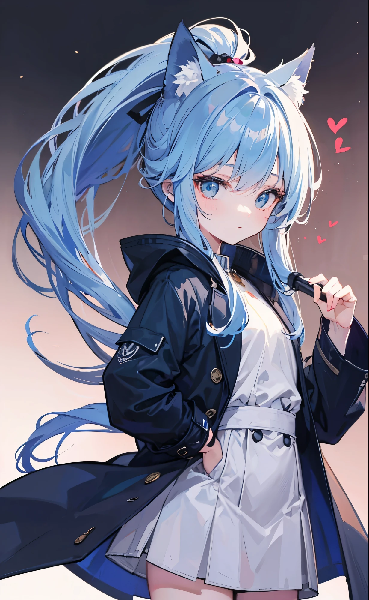 Dark blue fox-like high ponytail，Simple light blue cotton coat，Petite cute sweet lady girl