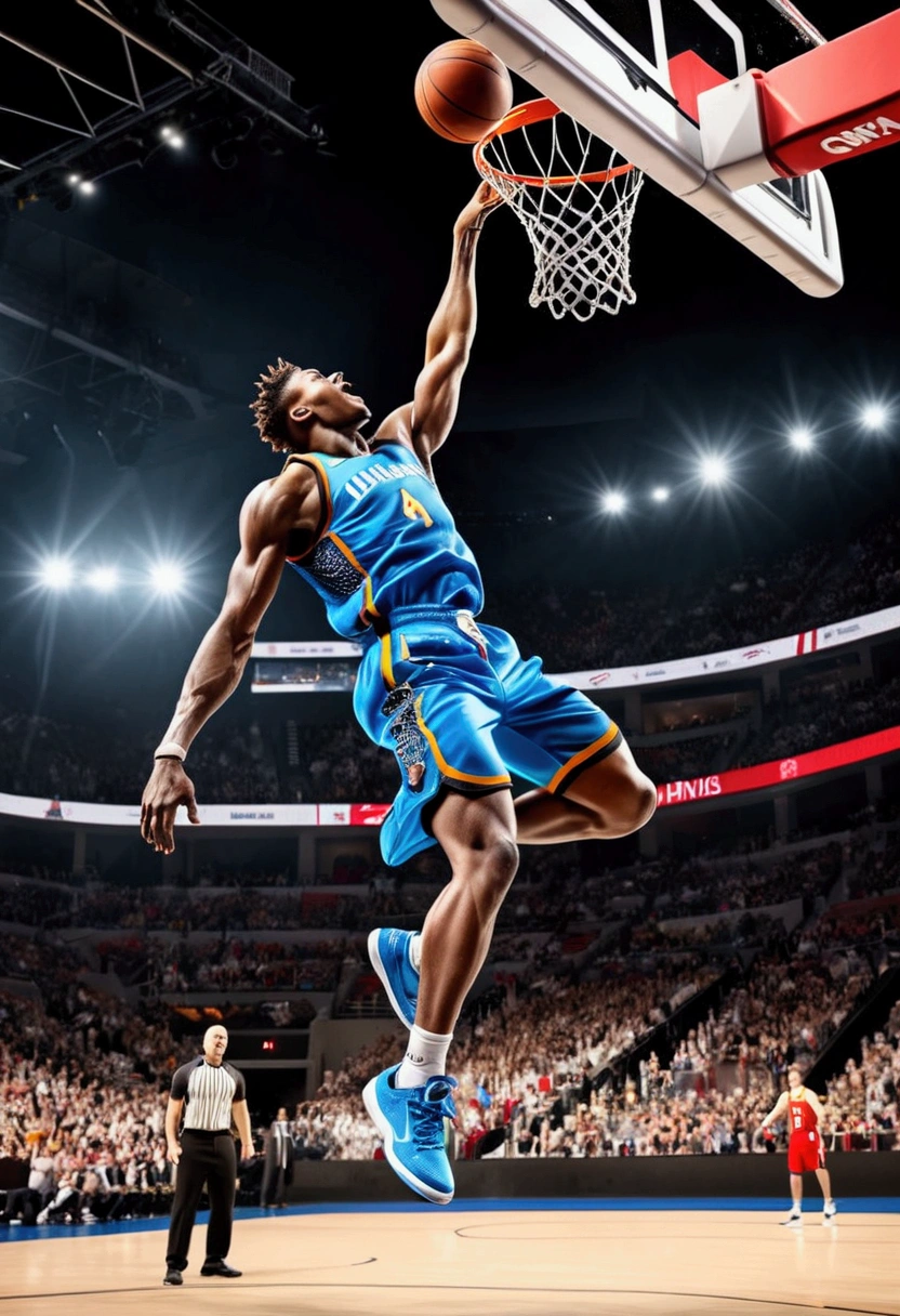 (Game-Winning Dunk), The athlete completed a dunk with a one handed battle axe gesture, extending their arms straight and exuding a strong sense of strength, inside the sports arena, full body, award-winning, cinematic still, emotional, vignette, dynamic, vivid, (masterpiece, best quality, Professional, perfect composition, very aesthetic, absurdres, ultra-detailed, intricate details:1.3)