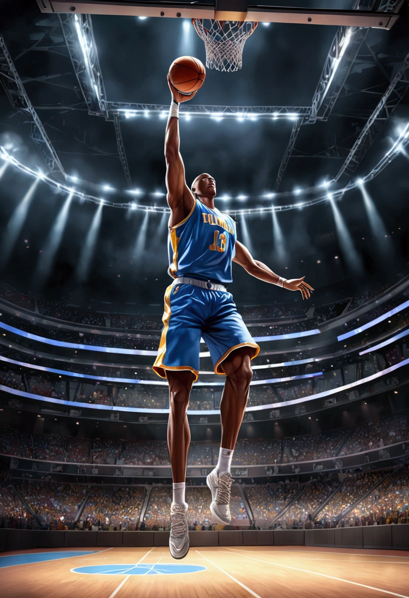 (Game-Winning Dunk), The athlete completed a dunk with a one handed battle axe gesture, extending their arms straight and exuding a strong sense of strength, inside the sports arena, full body, award-winning, cinematic still, emotional, vignette, dynamic, vivid, (masterpiece, best quality, Professional, perfect composition, very aesthetic, absurdres, ultra-detailed, intricate details:1.3)