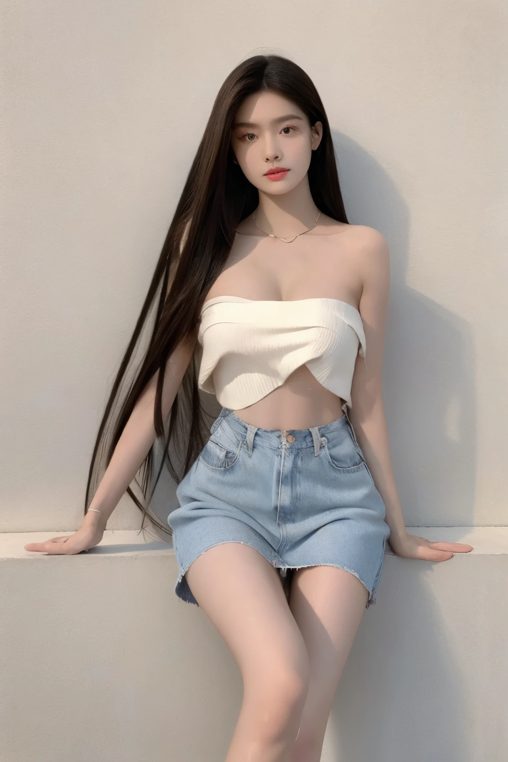 Beautiful woman with perfect body:1.4,Prominent cleavage,Layered Hairstyle,Highly detailed face and skin textures,Double eyelids,Skin Whitening,Long hair,Whitened long legs,Half chest tube top