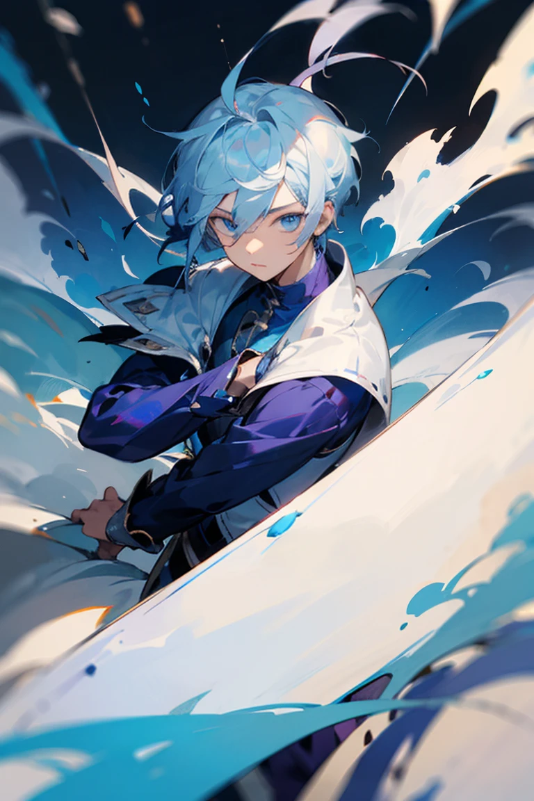 ((best qualityer)), ((work of art)), (detailded), male, short hair, layered white and Blue hair, Blue streaks on hair, dark purple clothes, blue eyes