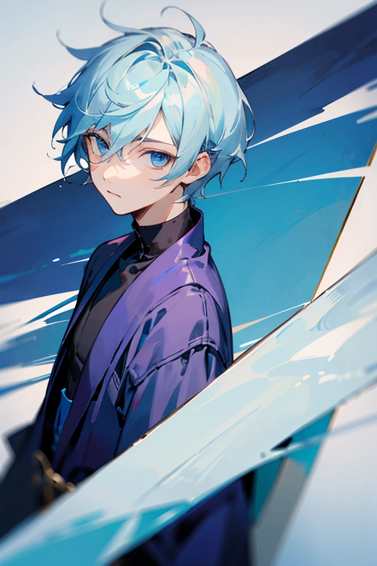 ((best qualityer)), ((work of art)), (detailded), male, short hair, layered white and Blue hair, Blue streaks on hair, dark purple clothes, blue eyes