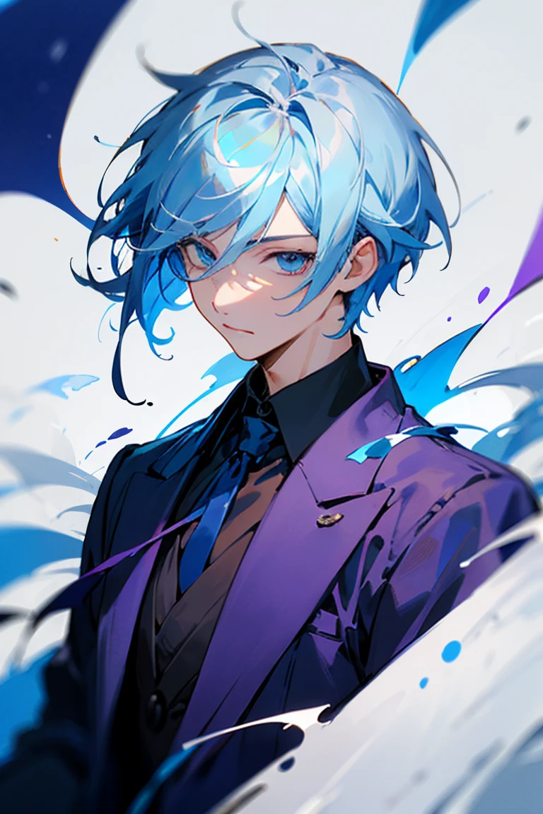 ((best qualityer)), ((work of art)), (detailded), male, short hair, layered white and Blue hair, Blue streaks on hair, dark purple clothes, blue eyes