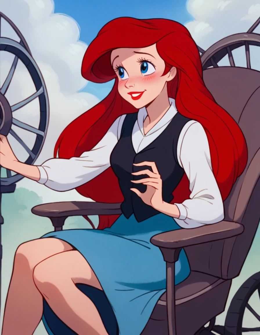 ariel, red hair, blushing, lipstick, blue eyes, sitting, wheel chair, blue skirt, white shirt, longsleeves, black vest