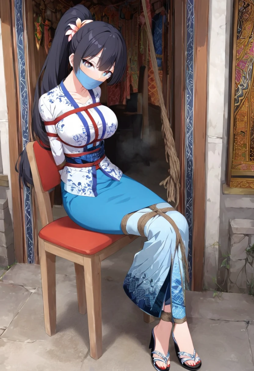 score_9, score_8_up, source_anime, 1girl, solo,The photo features a woman standing in traditional decorations. She is wearing traditional attire consisting of a light blue kebaya with lace trim and a long blue skirt with batik or songket patterns. The woman is also wearing white high-heeled sandals, and there is a frangipani flower tucked behind her left ear. The surrounding environment has ornate decorations, likely from Bali or Java. , (bound wirsts), (arms behind back), (tapegag, tape gag), dramatic,  (looking at viewer), (detailed pupils:1.3),pencil skirt ,red rope, thick rope,big breast,ponytail hair, black hair,(bound with an excessive amount of ropes),sitting on the chair 