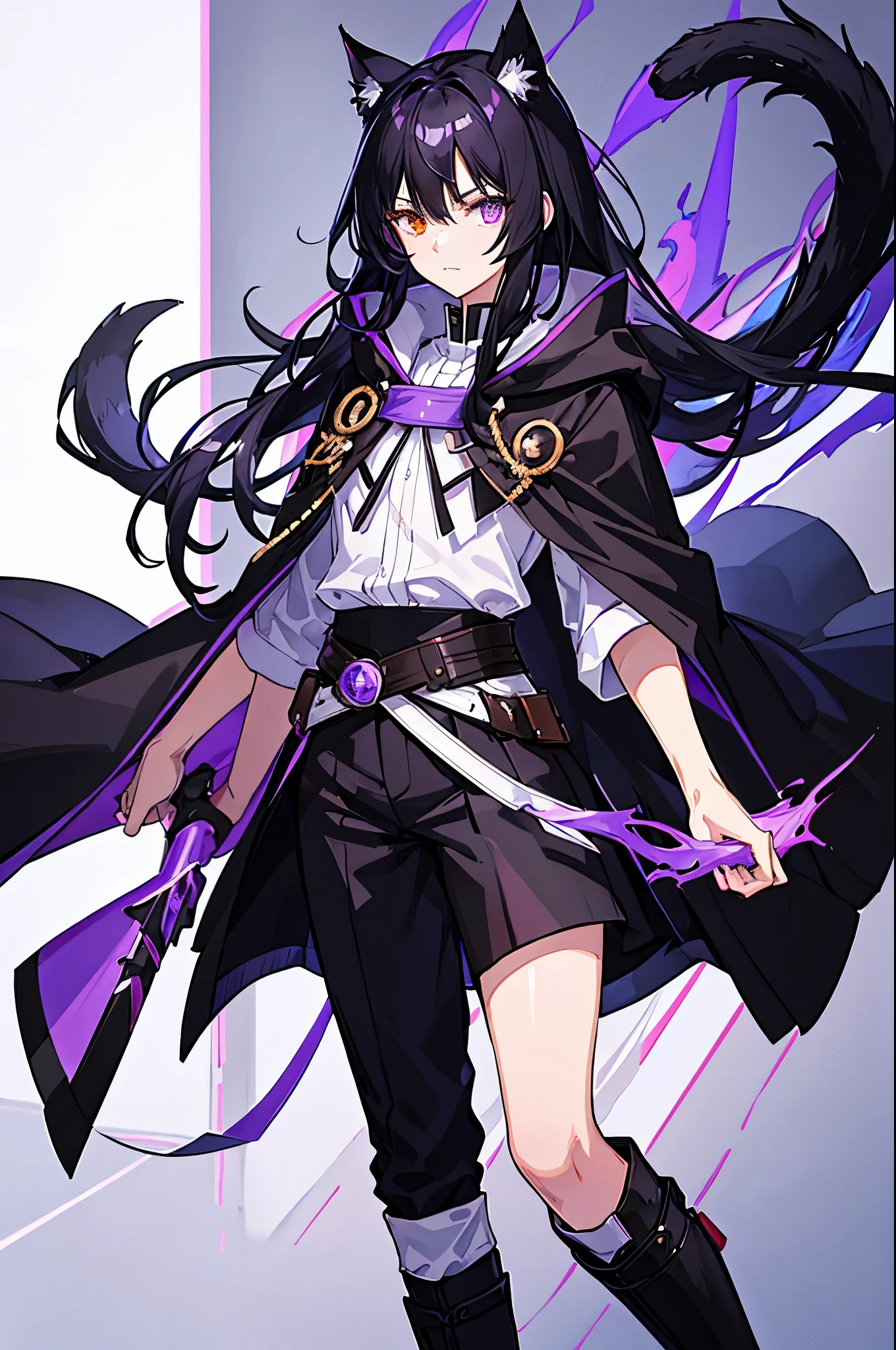 Black Hair少年，Around fifteen years old，Black Hair，Cat ear，Cat tail，Purple cloak，Heterochromia，Red left eye，Blue right eye，White shirt，Purple cloak，Standing，whole body，For the audience，White background，masterpiece，HD，4K，Detailed facial depiction，Black trousers，Black boots，Black Hair，White background（1:5）