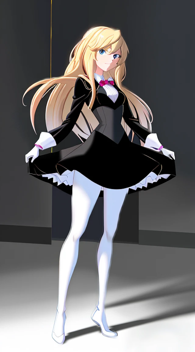 ((Full body photo, standing, feet on the ground)) Gwendolyn Stacy, in the spider universe, through the spider universe, in the style of in the spider universe movie, comic style, lifted, looking at the camera, no back ground, no back ground, pitch black smooth background, dark colors in the background, OLED Phone Wallpaper, white suit, smiling lightly, blonde hair pink tips, whole body, crossing your legs