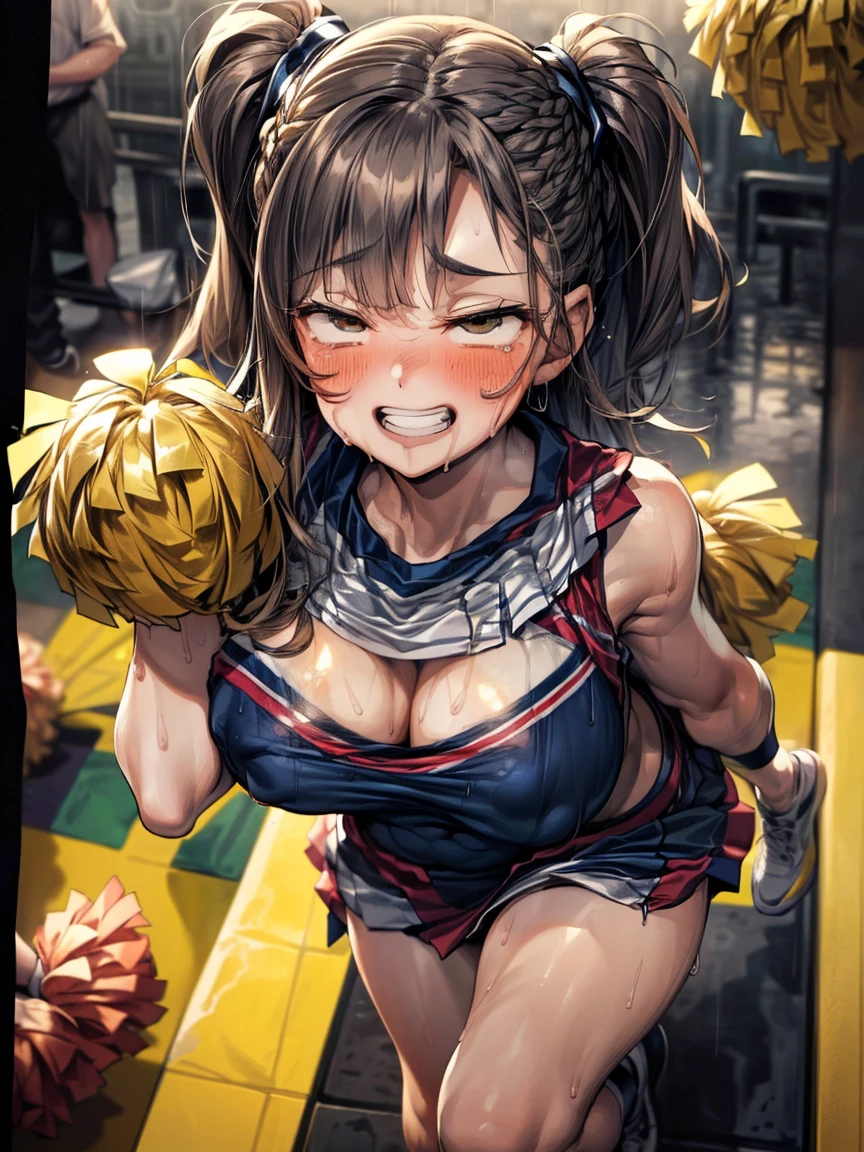 (Very tiny girl rides guy perfectly:1.5)、(Petite girl riding:1.3)、(Big Breasts:2)、(eyes half closed:1.9)、(Grin:1.4)、(tears:1.2)、(The body shakes violently)、8k resolution、 ((Highest quality))、Anatomically correct、(Cheerleader:1.9)、((Hasselblad Photos))、[:(Detailed face:1.2):0.2]、(heavy rain:1.5)、(Sweaty:1.6)、((Top view:1.6))、(braid one's hair:1.5)、(Loss of strength from the body:1.3)、(呻吟)、(Jump:1.6)、((Surrounded by a lot of middle-aged men:1.6))、(Upper Body:1.9)、(Leaning forward:1.6)、(Groping the chest:1.6)、(Run up:1.6)