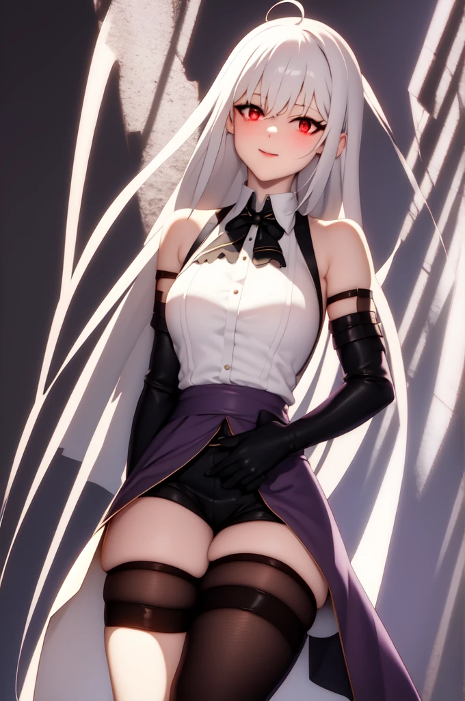 ninym ,masterpiece, glowing light, medium breasts, perfect lighting, looking at viewer, 1girl, mature female, ,thighs, white hair,gradient hair,red eyes, gradient eyes, glowing eyes, black thighhighs, thigh straps, white shirt, black bowtie, white gloves, ahoge, purple sleeves, (simple background), white background, gradient background, light smile, crossed arms, sitting, crossed legs