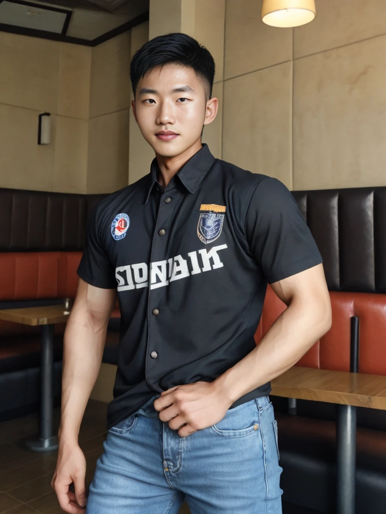 ((realistic daylight)) , Young Korean man in black sports shirt only, no pattern, denim shirt, jeans., A handsome, muscular young Asian man looks at the camera.  , in the restaurant ,turn sideways