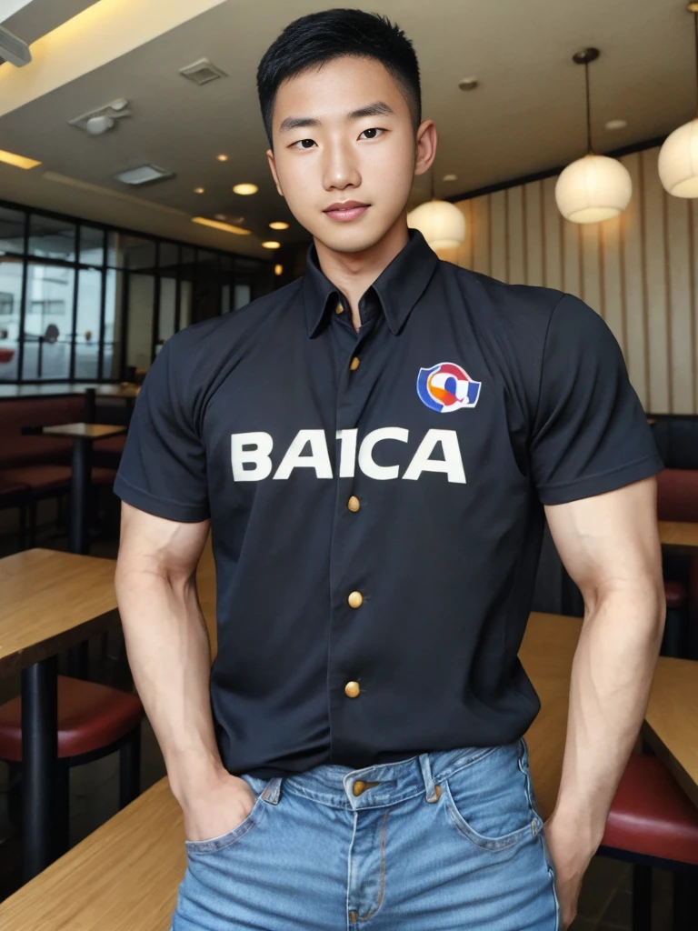 ((realistic daylight)) , Young Korean man in black sports shirt only, no pattern, denim shirt, jeans., A handsome, muscular young Asian man looks at the camera. , in the restaurant ,turn sideways