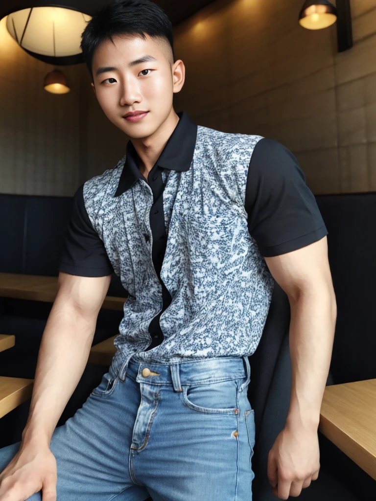 ((realistic daylight)) , Young Korean man in black sports shirt only, no pattern, denim shirt, jeans., A handsome, muscular young Asian man looks at the camera. , in the restaurant ,turn sideways