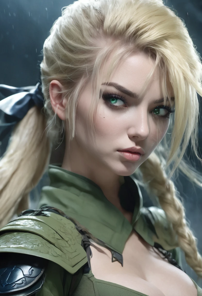 1 woman, inside a hand weapons room, wearing a moss green ninja outfit, detailed facial features, blue, feminine eyes, detailed white skin, long blonde hair in a ponytail, soft expression, image showing full body, dramatic lighting , big breasts, cinematic composition, cold and dark color palette, atmospheric fog, strong body, thin chin, (best quality, 4K, 8K, high resolution, art: 1.2), ultra-detailed, (realistic, photorealistic, photorealistic: 1.37)
