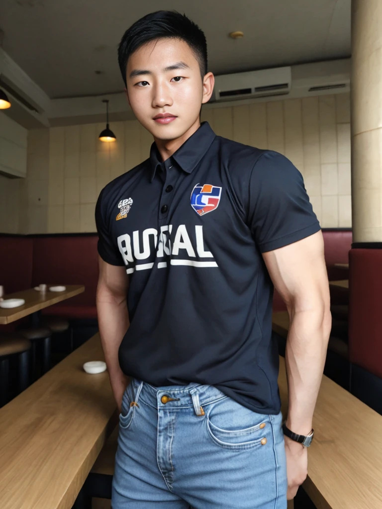((realistic daylight)) , Young Korean man in black sports shirt only, no pattern, denim shirt, jeans., A handsome, muscular young Asian man looks at the camera. , in the restaurant ,turn sideways