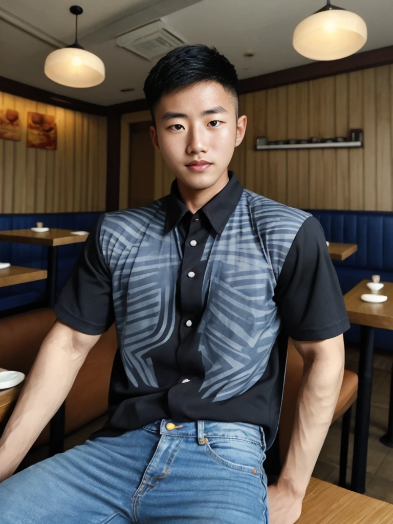 ((realistic daylight)) , Young Korean man in black sports shirt only, no pattern, denim shirt, jeans., A handsome, muscular young Asian man looks at the camera. , in the restaurant ,turn sideways