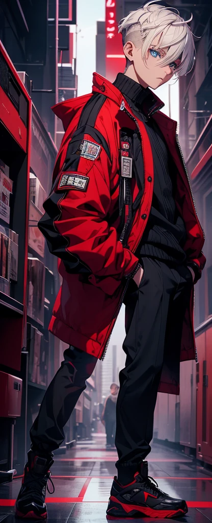 1 Handsome boy ,full body,standing ,white hair,(disconnected undercut 1.2), blue eyes , gojo saturo, red jacket, no background