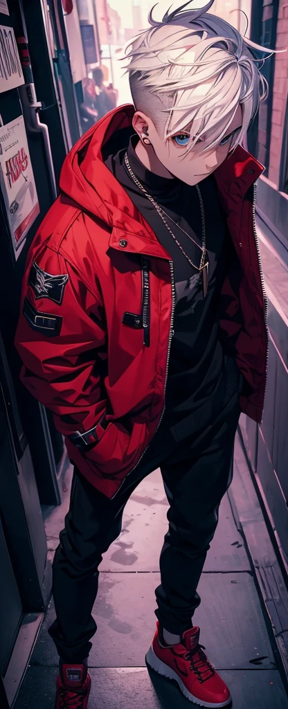 1 Handsome boy ,full body,standing ,white hair,(disconnected undercut 1.2), blue eyes , gojo saturo, red jacket, no background
