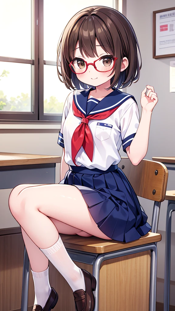 Cutesy、Comical movement、nichijo style、smile、mischief、lure、Expectations、surprise、Shyness、School、classroom、Daytime、Cute girl , Shooting from below, One Girl, Brown Hair、Very short hair, Brown eyes、Red frame glasses、White blouse, Navy Blue Skirt, Navy blue socks, Brown Loafers, White panties、 Chibi character、Highest quality, 4K, 8k, High resolution, masterpiece:1.2, Very detailed, Realistic, photoRealistic, photo-Realistic:1.37, High resolution, 超High resolution, Studio Lighting, Ultra-fine painting, Sharp focus, Physically Based Rendering, Very detailed説明, Professional, Vibrant colors, Bokeh