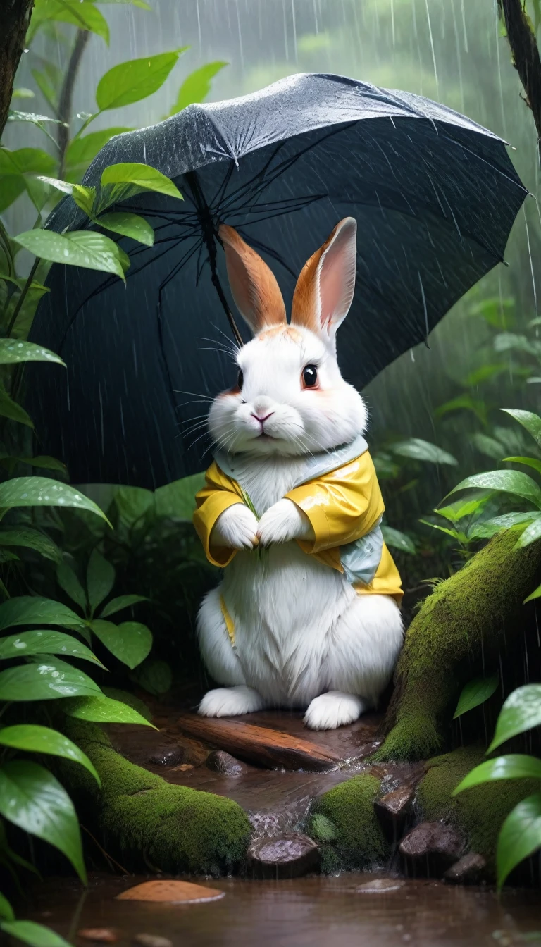 A rabbit sheltering from the rain、in the forest