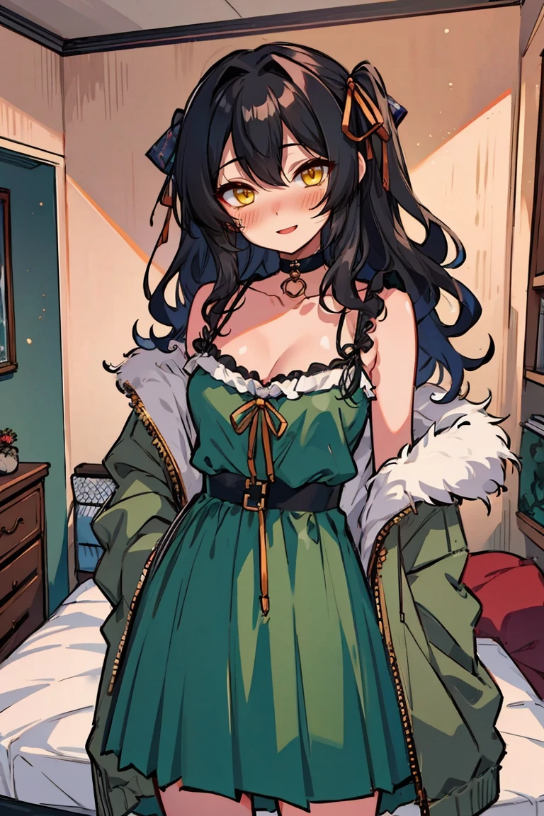 (masterpiece:1.2), (high quality:1.2), hui xiyi, rekkyo sensen, rekkyou sensen, (medium wavy hair, hair ribbon, one side up:1.54), solo focus, hand up, waving, girls with((black hair, bare shoulders, medium breasts, breasts, choker, cleavage, collar, collarbone, cowboy shot, dress, see-through sleeves, neck ribbon, blue clothes, frills shirt, fur, fur collar, fur trim, hooded jacket, hoodie, khaki jacket, green jacket, jacket, large breasts, long sleeves, belt, suspenders, open clothes, open hoodie, solo, winter clothes, zipper, upper body, hand up, waving, palm)), background with ((bedroom, room:2.0))