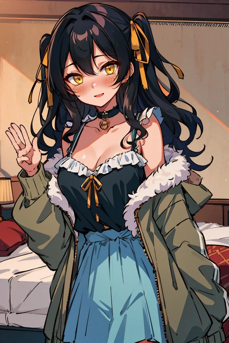 (masterpiece:1.2), (high quality:1.2), hui xiyi, rekkyo sensen, rekkyou sensen, (medium wavy hair, hair ribbon, one side up:1.54), solo focus, hand up, waving, girls with((black hair, bare shoulders, medium breasts, breasts, choker, cleavage, collar, collarbone, cowboy shot, dress, see-through sleeves, neck ribbon, blue clothes, frills shirt, fur, fur collar, fur trim, hooded jacket, hoodie, khaki jacket, green jacket, jacket, large breasts, long sleeves, belt, suspenders, open clothes, open hoodie, solo, winter clothes, zipper, upper body, hand up, waving, palm)), background with ((bedroom, room:2.0))
