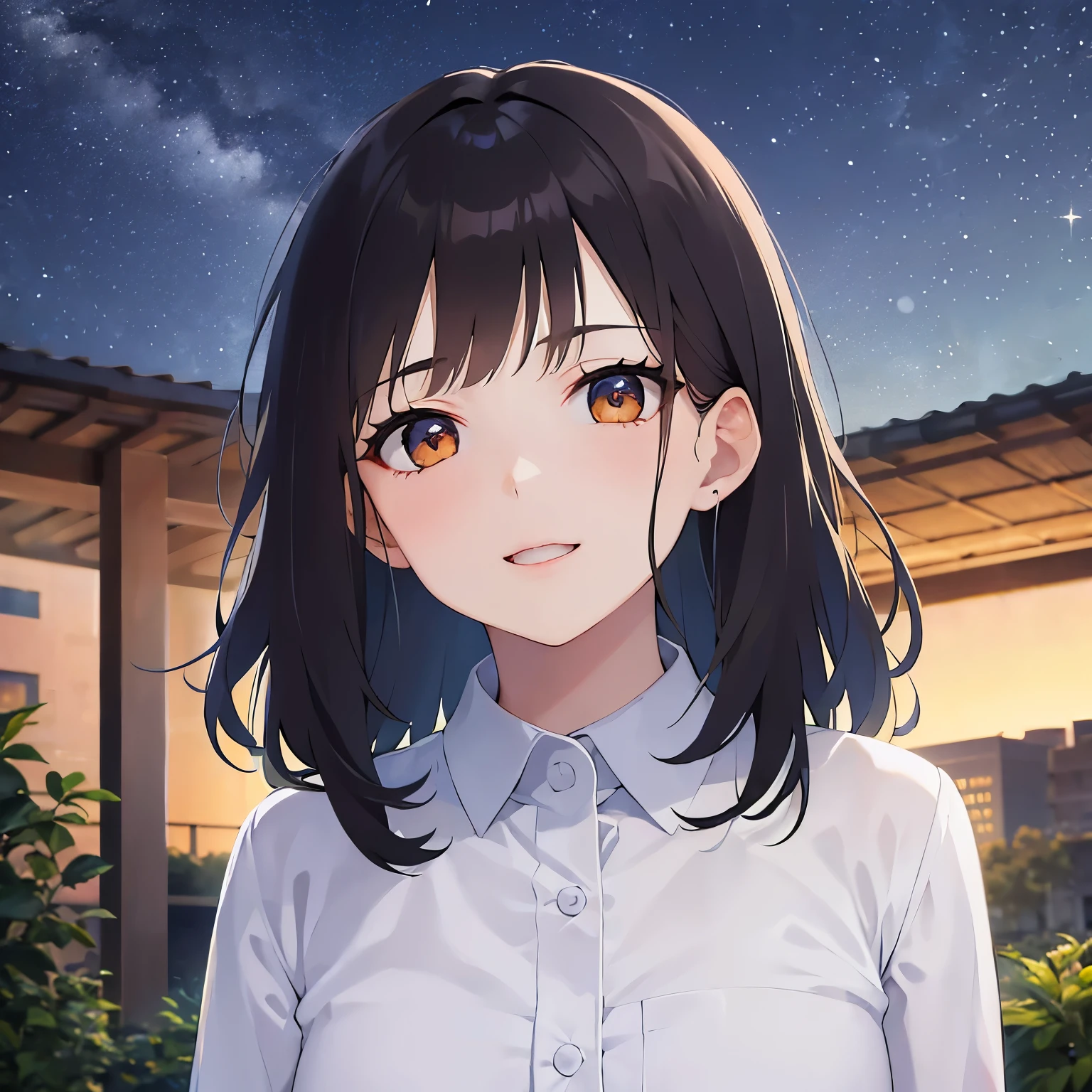lookin at viewer,upper Body, Looking up、head tilt、
Realistic, real person, (pale skin: 1.2), RAW photo, photorealistic, shiny skin, shiny hair、
(A 25-year-old woman with bob hair and bangs:1.5) and (wavy hair) and (brown hair) and (Orange Eyes)、(business suit)and (Wearing a white collared shirt)、
open mouth,happy smile,(Night Sky:1.5)、garden