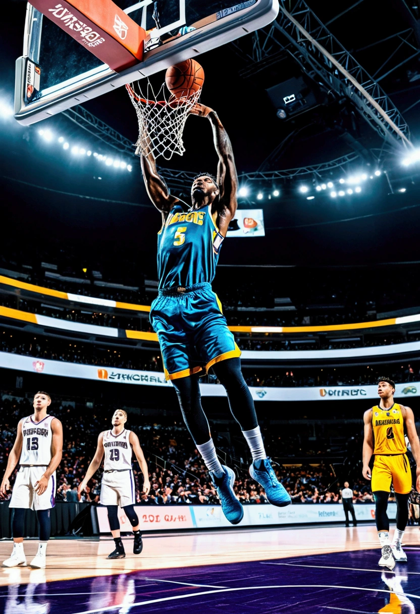 (Game-Winning Dunk), The basketball player jumps from the free throw line, forming an arc in the air, preparing to dunk, with the backdrop of a sports arena illuminated by lighting equipment, full body, award-winning, cinematic still, emotional, vignette, dynamic, vivid, (masterpiece, best quality, Professional, perfect composition, very aesthetic, absurdres, ultra-detailed, intricate details:1.3)