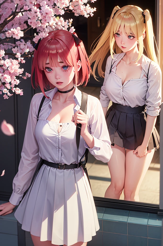 One girl,masterpiece,Highest quality,Blonde,stockings,Checked skirt),Short skirt JK,,Are standing,In total length,Medium chest,Very detailed,[[Realistic]],Beautiful and attractive anime teen,Enchanting anime girl,Swinging skirt,blue eyes, hair ornaments, Hair Ribbon,Show your forehead、Twin tails、Random color school girl uniform、Lace choker, short hair,,No bra,,Very detailed肌, Very detailed顔, (Beautiful Fine Eyes, the girl, Red cheeks) ,The girl has a toned figure., Intricate details,Closely、Embarrassed expression、blush、Shining Sweat、Perfect Skin,Sweat is noticeable in the cleavage、、Sweating on thighs is noticeable、 Fair skin,Tight waist, Sweating profusely、Sweaty hair、Sweaty clothes、Sweaty、Visible sweat、Sweat-soaked hair、Athlete System、Cherry blossoms fluttering down、Silver Hair、Night cityscape。Reflection of light、moonlight