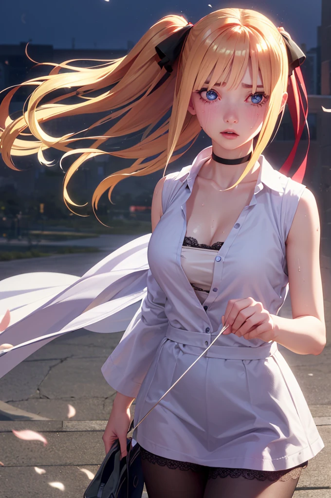 One girl,masterpiece,Highest quality,Blonde,stockings,Checked skirt),Short skirt JK,,Are standing,In total length,Medium chest,Very detailed,[[Realistic]],Beautiful and attractive anime ,Enchanting anime girl,Swinging skirt,blue eyes, hair ornaments, Hair Ribbon,Show your forehead、Twin tails、Random color school girl uniform、Lace choker, short hair,,No bra,,Very detailed肌, Very detailed顔, (Beautiful Fine Eyes, the girl, Red cheeks) ,The girl has a toned figure., Intricate details,Closely、Embarrassed expression、blush、Shining Sweat、Perfect Skin,Sweat is noticeable in the cleavage、、Sweating on thighs is noticeable、 Fair skin,Tight waist, Sweating profusely、Sweaty hair、Sweaty clothes、Sweaty、Visible sweat、Sweat-soaked hair、Athlete System、Cherry blossoms fluttering down、Silver Hair、Night cityscape。Reflection of light、moonlight