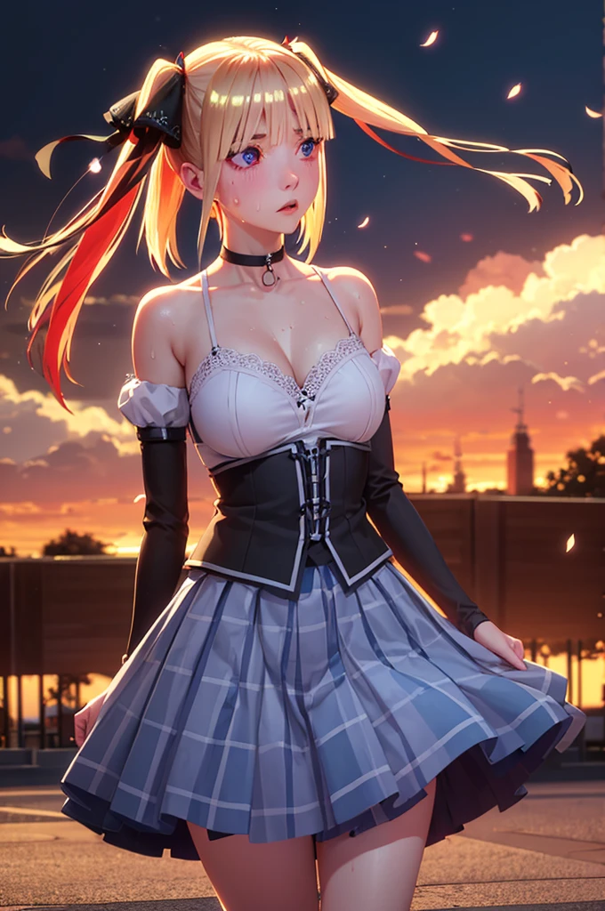One girl,masterpiece,Highest quality,Blonde,stockings,Checked skirt),Short skirt JK,,Are standing,In total length,Medium chest,Very detailed,[[Realistic]],Beautiful and attractive anime teen,Enchanting anime girl,Swinging skirt,blue eyes, hair ornaments, Hair Ribbon,Show your forehead、Twin tails、Random color school girl uniform、Lace choker, short hair,,No bra,,Very detailed肌, Very detailed顔, (Beautiful Fine Eyes, the girl, Red cheeks) ,The girl has a toned figure., Intricate details,Closely、Embarrassed expression、blush、Shining Sweat、Perfect Skin,Sweat is noticeable in the cleavage、、Sweating on thighs is noticeable、 Fair skin,Tight waist, Sweating profusely、Sweaty hair、Sweaty clothes、Sweaty、Visible sweat、Sweat-soaked hair、Athlete System、Cherry blossoms fluttering down、Silver Hair、Night cityscape。Reflection of light、moonlight