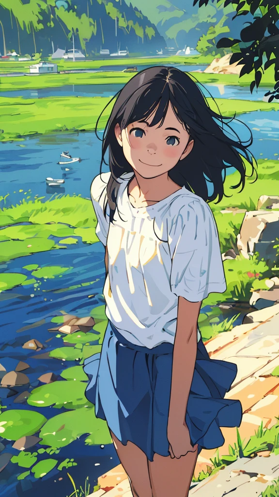 reasonable design, Clear lines, High Sharpness, (highest quality,8K,Perfect sharpness,Ultra fine,High resolution,masterpiece:1.2), Perfect Anatomy:1.5, Official Art, Illustrations that tell a story, (Whitish background:0. 9）、Body Positivity、More Mr.Physical expression、（Random and mischievous poses）、Perfect beauty、Perfect beautiful face、Strong winds、A rich expression、Dynamic composition、smile、Golden ratio composition、colorful、（Mr.Different angles and perspectives）、anime art、mini skirt、（Overcoming stereotypes）、 Glowing Skin、（Natural beauty）、smile、bangs、Straight Hair、（Soft and flowing hair）、（Rural Scenery）、（Nostalgic atmosphere）、Insert up to the thighs、（Playful and carefree）、（More Mr.Ethnic characters）、（innocent attitude）、（Sunny atmosphere）、Skirt flipped up、（Bright colors）、Belly button exposed、Beautiful Eyes、A skirt fluttering in the wind、Put it in to your feet、Some composition patterns、sensuous、Geometric pattern、emotional、Symposium cover、Angle from above、
