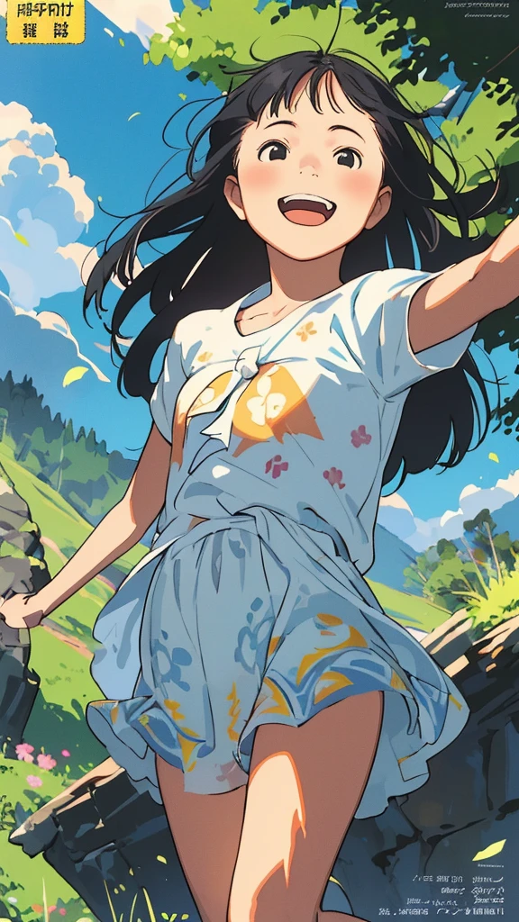 reasonable design, Clear lines, High Sharpness, (highest quality,8K,Perfect sharpness,Ultra fine,High resolution,masterpiece:1.2), Perfect Anatomy:1.5, Official Art, Illustrations that tell a story, (Whitish background:0. 9)、Body Positivity、More Mr.Physical expression、(Random and mischievous poses)、Perfect beauty、Perfect beautiful face、Strong winds、A rich expression、Dynamic composition、smile、Golden ratio composition、colorful、(Mr.Different angles and perspectives)、anime art、mini skirt、(Overcoming stereotypes)、 Glowing Skin、(Natural beauty)、smile、bangs、Straight Hair、(Soft and flowing hair)、(Rural Scenery)、(Nostalgic atmosphere)、Insert up to the thighs、(Playful and carefree)、(More Mr.Ethnic characters)、(innocent attitude)、(Sunny atmosphere)、Skirt flipped up、(Bright colors)、Belly button exposed、Beautiful Eyes、A skirt fluttering in the wind、Put it in to your feet、Some composition patterns、sensuous、Geometric pattern、emotional、Symposium cover、Angle from above、