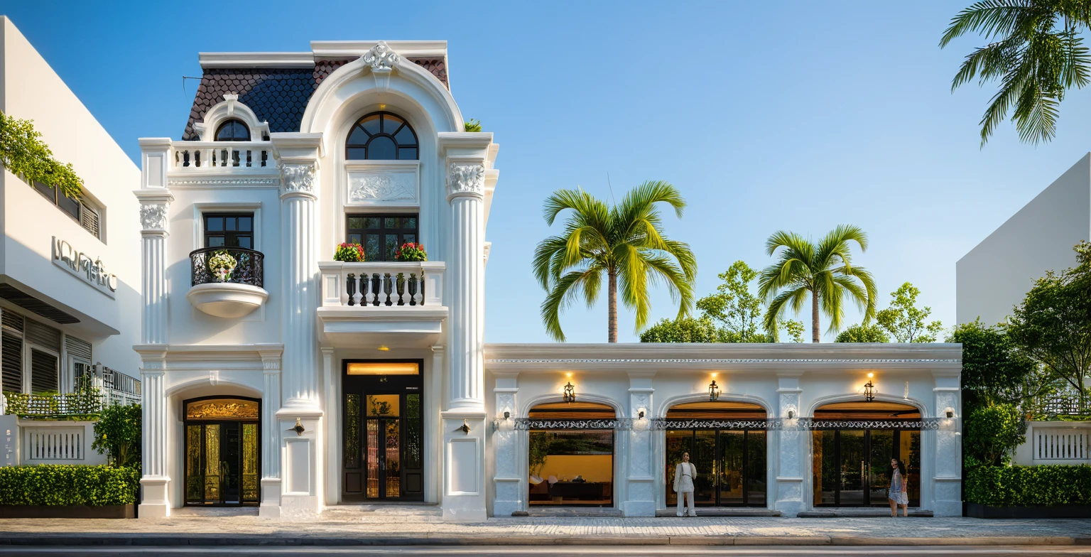 neo classical villa on street, (daylight), tropical tree, vivid colour, streetcapes, white tone, nice detail, white wall, large glass door, warm interior lighting, best quality, masterpiece, ultra realistic