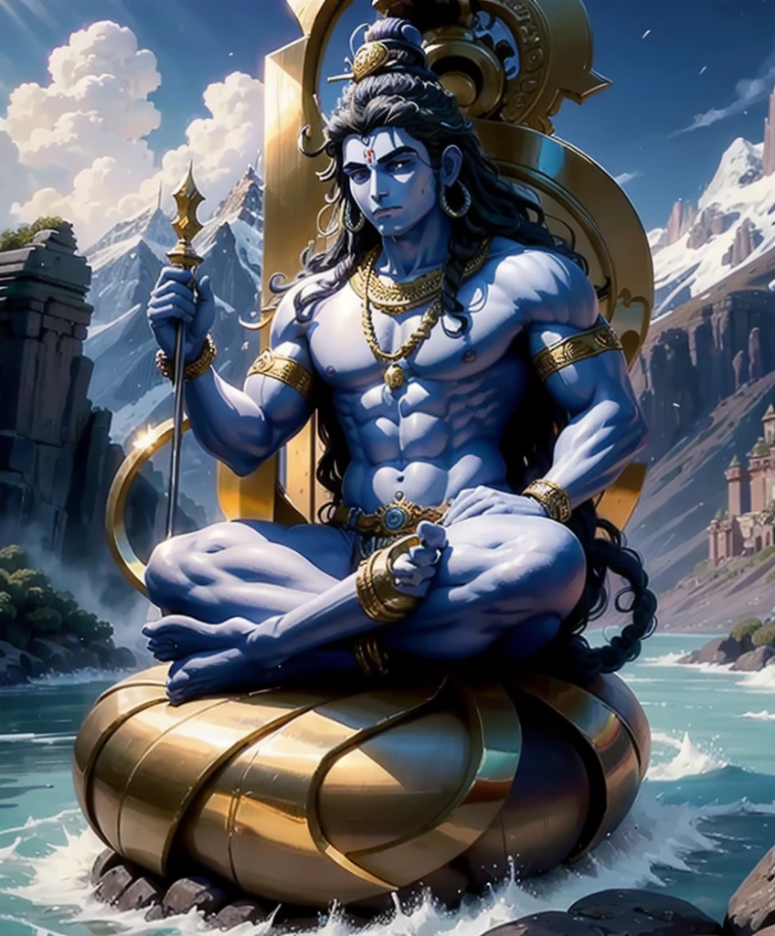 ((best quality)), ((masterpiece)), (detailed), lord shiva sitting at the top giving blessings upon the land, lush grass with flowing river beautiful, Realistic, life like , amazing , sun rise , with mountains and lush forest in the background, shiva is sitting cross legged. With Cresent on the head. Cobra sitting with shiva , add a trident in shivas hand upright on his left hand. On the right hand shivas blessings must be given with sun rays. Shivas palm must be facing forward. Snow topped mountains, lord shiva must have blue skin. Below lord shiva is lord Hanuman, Lord Hanuman is sitting cross legged in a natural position, lord Hanuman has a golden mace in his hand. Lord shiva has a cobra and peacock next to him. Full image , wallpaper. 2 people, blessings, realistic, classic , warmth.