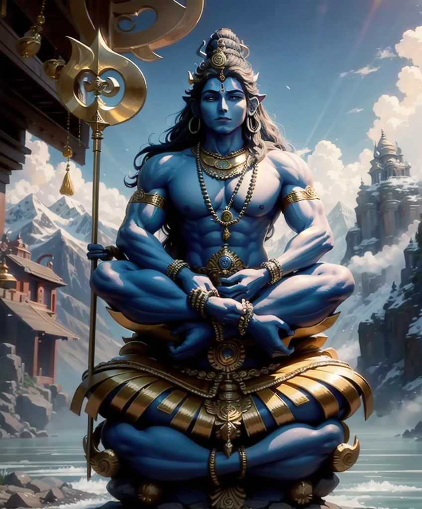 ((best quality)), ((masterpiece)), (detailed), lord shiva sitting at the top giving blessings upon the land, lush grass with flowing river beautiful, Realistic, life like , amazing , sun rise , with mountains and lush forest in the background, shiva is sitting cross legged. With Cresent on the head. Cobra sitting with shiva , add a trident in shivas hand upright on his left hand. On the right hand shivas blessings must be given with sun rays. Shivas palm must be facing forward. Snow topped mountains, lord shiva must have blue skin. Below lord shiva is lord Hanuman, Lord Hanuman is sitting cross legged in a natural position, lord Hanuman has a golden mace in his hand. Lord shiva has a cobra and peacock next to him. Full image , wallpaper. 2 people, blessings, realistic, classic , warmth.