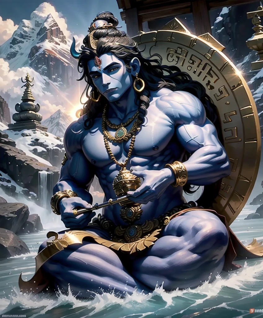 ((best quality)), ((masterpiece)), (detailed), lord shiva sitting at the top giving blessings upon the land, lush grass with flowing river beautiful, Realistic, life like , amazing , sun rise , with mountains and lush forest in the background, shiva is sitting cross legged. With Cresent on the head. Cobra sitting with shiva , add a trident in shivas hand upright on his left hand. On the right hand shivas blessings must be given with sun rays. Shivas palm must be facing forward. Snow topped mountains, lord shiva must have blue skin. Below lord shiva is lord Hanuman, Lord Hanuman is sitting cross legged in a natural position, lord Hanuman has a golden mace in his hand. Lord shiva has a cobra and peacock next to him. Full image , wallpaper. 2 people, blessings, realistic, classic , warmth.