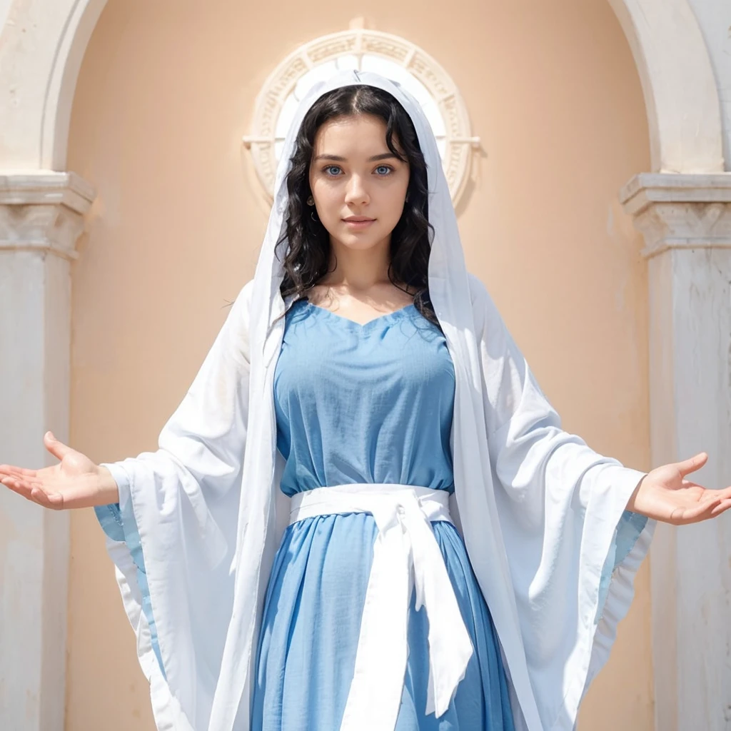 Beautiful woman with open arms, detailed light blue eyes, Curly black hair. wearing a blue tunic with wide, long sleeves adjusted at the waist by an interlaced white sash