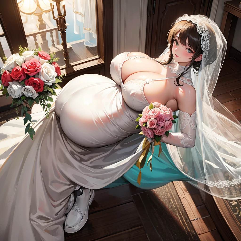 Pregnant girl with huge breasts wearing a micro bikini and a wedding dress with a veil and bouquet