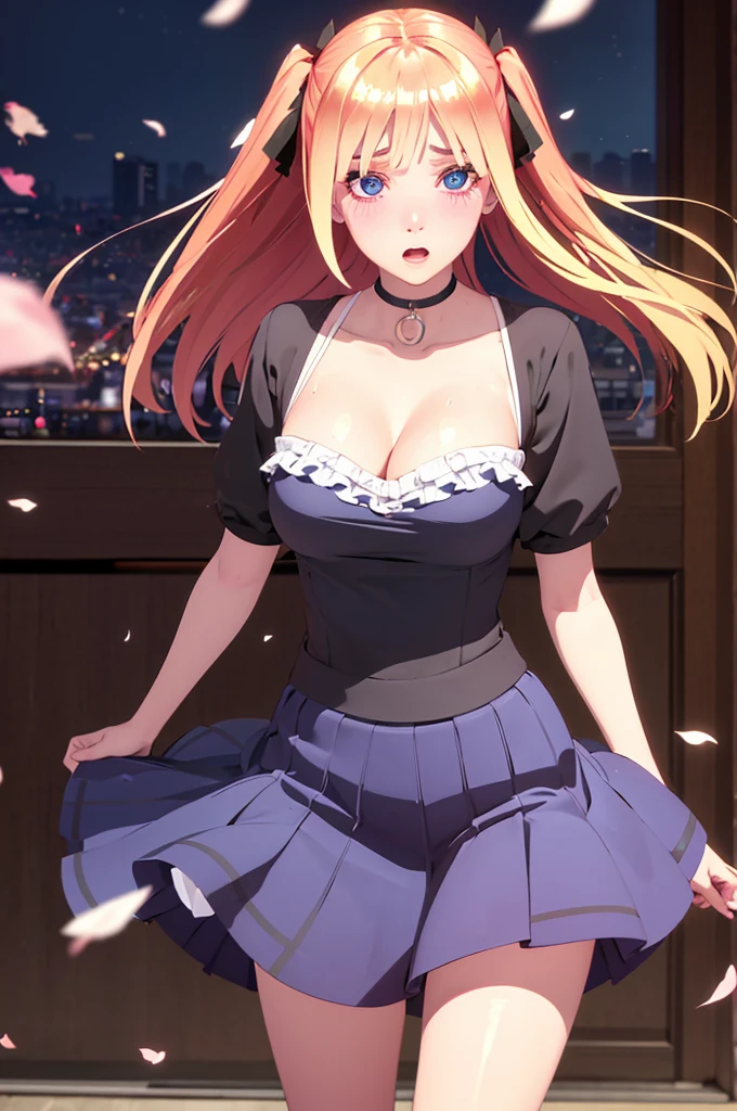 One girl,masterpiece,Highest quality,Blonde,stockings,Checked skirt),Short skirt JK,,Are standing,In total length,Medium chest,Very detailed,[[Realistic]],Beautiful and attractive anime ,Enchanting anime girl,Swinging skirt,blue eyes, hair ornaments, Hair Ribbon,Show your forehead、Twin tails、Random color school girl uniform、Lace choker, short hair,,No bra,,Very detailed肌, Very detailed顔, (Beautiful Fine Eyes, the girl, Red cheeks) ,The girl has a toned figure., Intricate details,Closely、Embarrassed expression、blush、Shining Sweat、Perfect Skin,Sweat is noticeable in the cleavage、、Sweating on thighs is noticeable、 Fair skin,Tight waist, Sweating profusely、Sweaty hair、Sweaty clothes、Sweaty、Visible sweat、Sweat-soaked hair、Athlete System、Cherry blossoms fluttering down、Silver Hair、Night cityscape。Reflection of light、moonlight