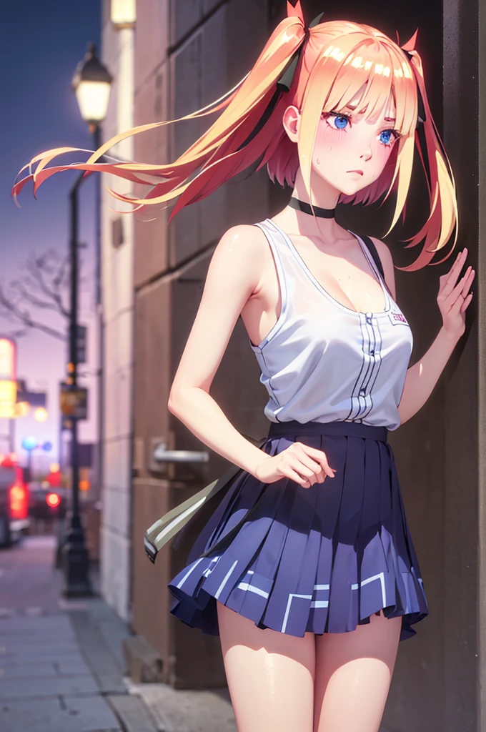 One girl,masterpiece,Highest quality,Blonde,stockings,Checked skirt),Short skirt JK,,Are standing,In total length,Medium chest,Very detailed,[[Realistic]],Beautiful and attractive anime teen,Enchanting anime girl,Swinging skirt,blue eyes, hair ornaments, Hair Ribbon,Show your forehead、Twin tails、Random color school girl uniform、Lace choker, short hair,,No bra,,Very detailed肌, Very detailed顔, (Beautiful Fine Eyes, the girl, Red cheeks) ,The girl has a toned figure., Intricate details,Closely、Embarrassed expression、blush、Shining Sweat、Perfect Skin,Sweat is noticeable in the cleavage、、Sweating on thighs is noticeable、 Fair skin,Tight waist, Sweating profusely、Sweaty hair、Sweaty clothes、Sweaty、Visible sweat、Sweat-soaked hair、Athlete System、Cherry blossoms fluttering down、Silver Hair、Night cityscape。Reflection of light、moonlight