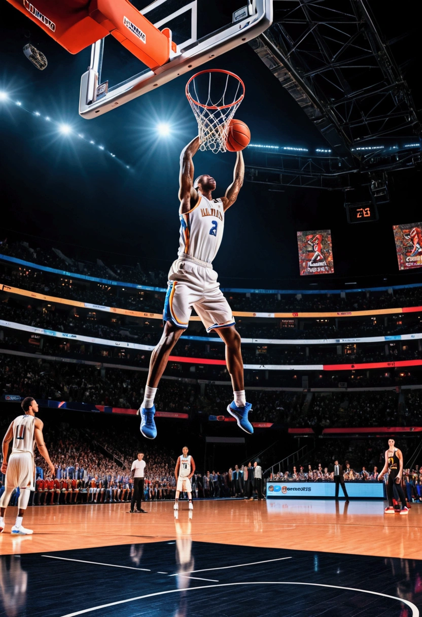 (Game-Winning Dunk), The basketball player jumps from the free throw line, forming an arc in the air, preparing to dunk, with the backdrop of a sports arena illuminated by lighting equipment, full body, award-winning, cinematic still, emotional, vignette, dynamic, vivid, (masterpiece, best quality, Professional, perfect composition, very aesthetic, absurdres, ultra-detailed, intricate details:1.3)