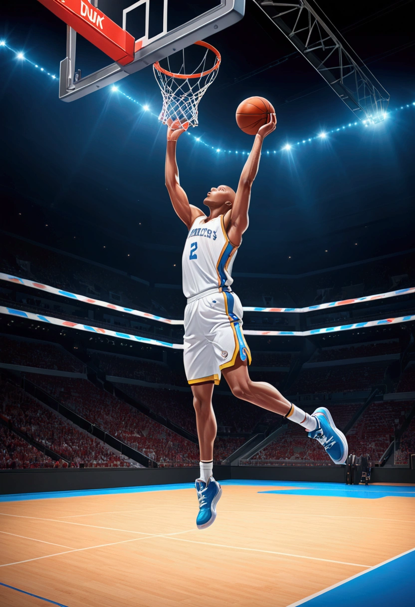 (Game-Winning Dunk), The basketball player jumps from the free throw line, forming an arc in the air, preparing to dunk, with the backdrop of a sports arena illuminated by lighting equipment, full body, award-winning, cinematic still, emotional, vignette, dynamic, vivid, (masterpiece, best quality, Professional, perfect composition, very aesthetic, absurdres, ultra-detailed, intricate details:1.3)