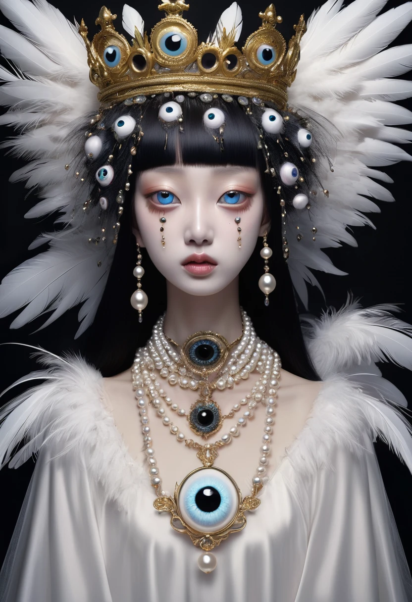 (masterpiece, best quality:1.2),Grotesque Aesthetics:1.56， Ugly faceless person，There are many eyeballs growing on the skin of the face，teeth， Solitary，black background，crown，veil，hand，Pearl Necklace，Feather wings