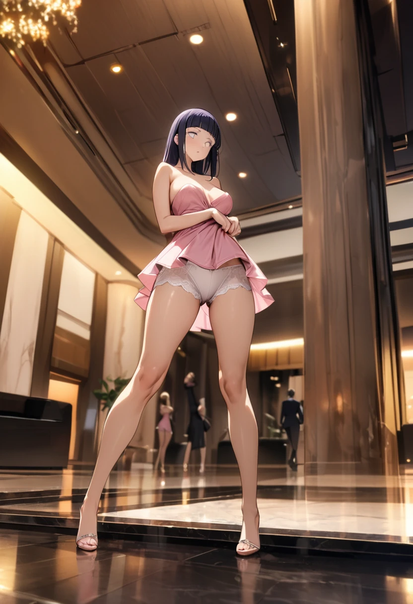 a standing woman. Hyuuga Hinata, pink cocktail dress, short dress, strapless, medium breasts, front, showing underwear, raised dress, white lace boyshorts, spread legs, medium glutes, whole body, perfect body, perfect legs, perfect arms, perfect hands, perfect feet, Masterpiece, Super High Resolution, evening, lobby, pose sexy, view from the ground