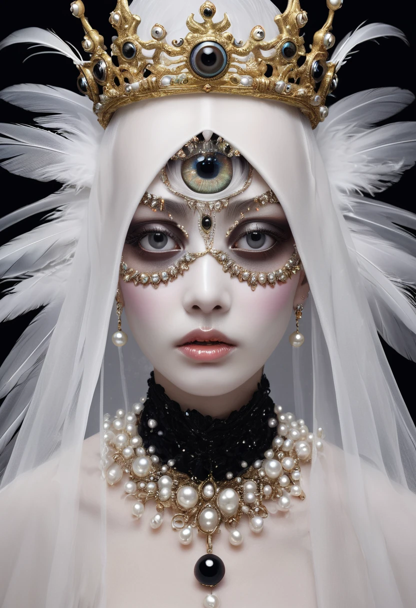 (masterpiece, best quality:1.2),Grotesque Aesthetics:1.56， Ugly faceless person，There are many eyeballs growing on the skin of the face，teeth， Solitary，black background，crown，veil，hand，Pearl Necklace，Feather wings