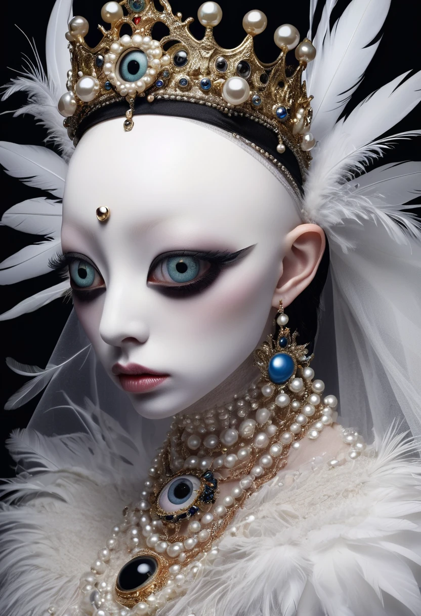 (masterpiece, best quality:1.2),Grotesque Aesthetics:1.56， Ugly faceless person，There are many eyeballs growing on the skin of the face，teeth， Solitary，black background，crown，veil，hand，Pearl Necklace，Feather wings